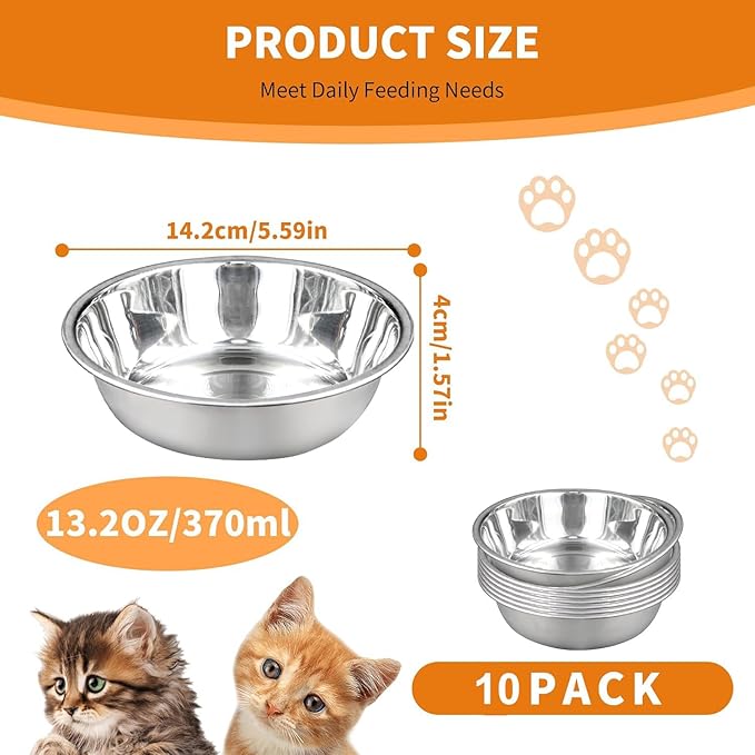 10 pcs Stainless Steel Cat Bowls for Indoor Cats, 5.5" Small Dog Water Bowl, 12 Oz Metal Cat Food Bowl Shallow Pet Bowls, Easy to Clean Dog Dishes for Food and Water (10Pcs)