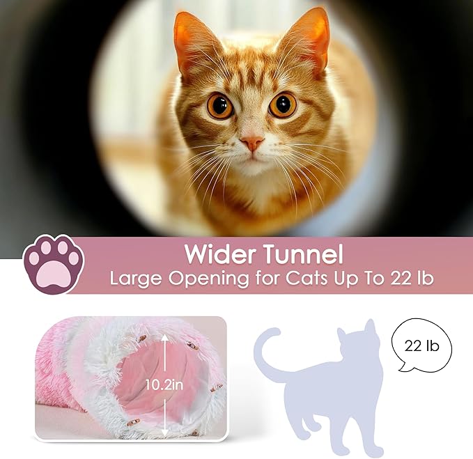 Cat Tunnel Bed for Indoor Cats, Catasaurus Peekaboo Cat Cave with Washable Soft Play Mat, Furry Cat Tube, for Kitten/Puppy/Rabbit, Pink