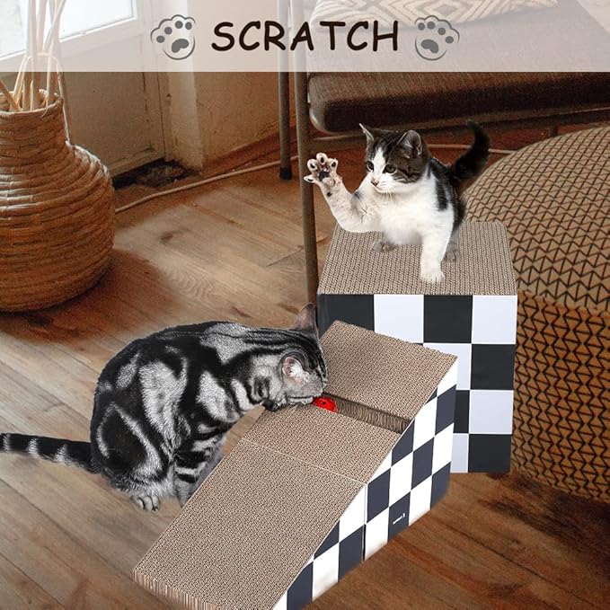 FluffyDream Cat Scratching Board with Ball, Triangle Cat Scratching Cardboard, Multiple Scratching Angles, 2-in-1 Scratching Lounge Bed, Recyclable and Durable, Furniture Protector, Black and White