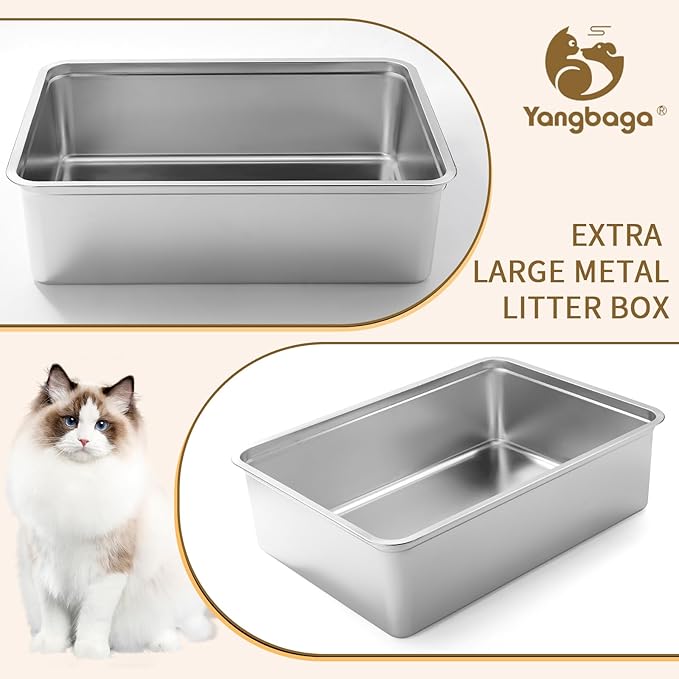 Yangbaga Extra Large Stainless Steel Litter Box, 28’’ x 20’’ x 8’’ Ultimate Metal Cat Litter Box with High Sides, Sturdy Long-Lasting Litter Pan with Anti-Slip Rubber Feet
