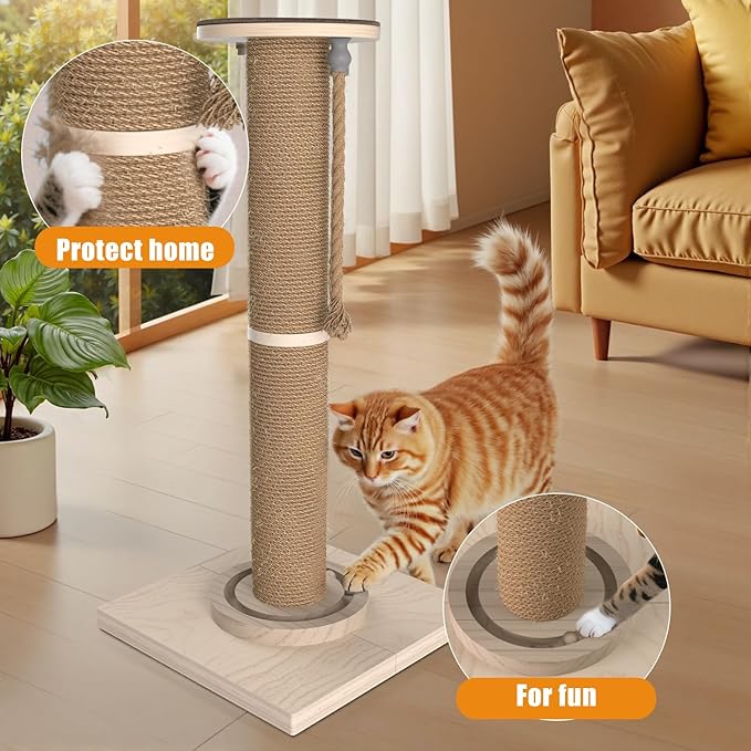 Cat Scratching Post, 32 Inch Tall Scratching Post for Indoor with Hemp Rope and Track Toy Ball Cat Scratcher for Medium and Large Cats