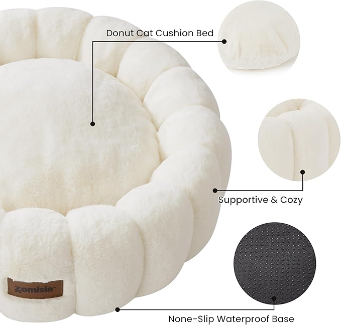 Plush Donut Kitten Beds, Round Small Dog Bed for Puppies, Anti-Slip Bottom, Beige