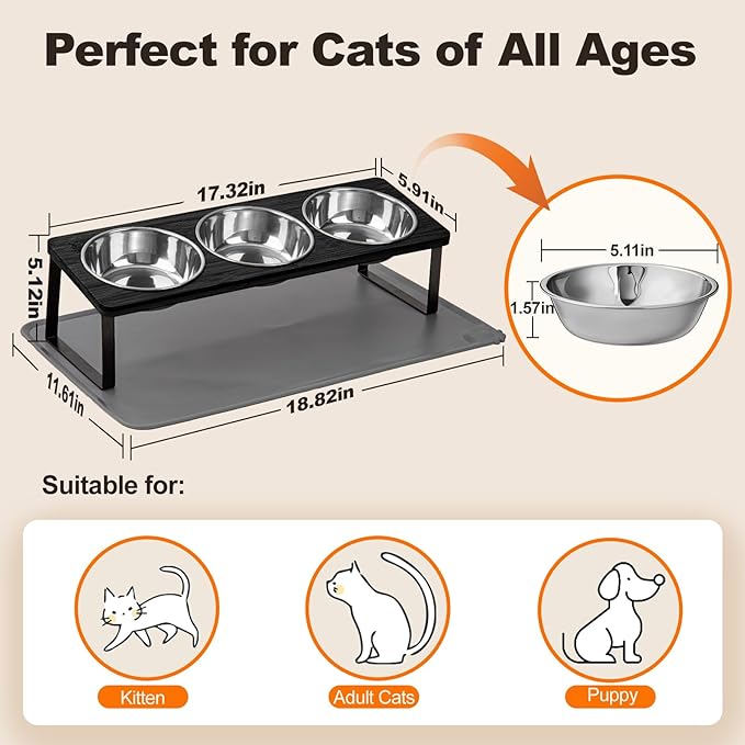 Elevated Cat Food Bowls with Mat Whisker Friendly, 15°Tilted Raised 3 Stainless Steel Cat Water Dishes Set for Anti Vomit, Black Pet Holder Stand Feeding Station for Indoor Kitten and Puppy