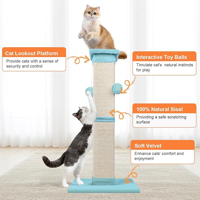 Cat Scratching Post 33 Inch Nature Sisal Cat Scratch Post for Indoor Cats, Large Cat Scratcher Protect Your Furniture, Cyan
