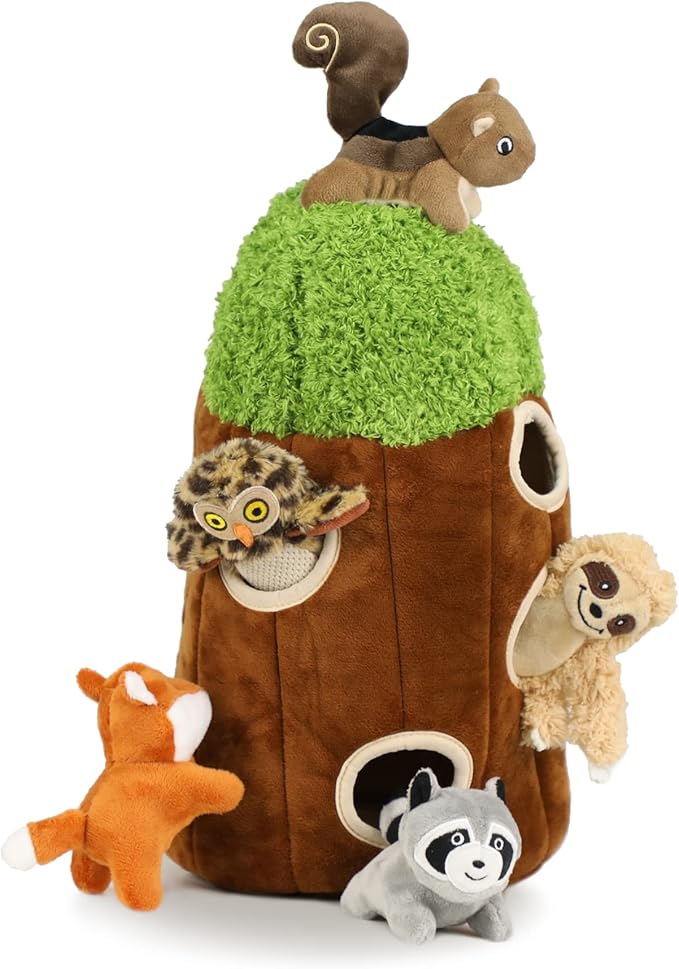 Hide and Seek Dog Puzzle Puppy Toys, Interactive Squeaky Plush, Stuffed Toys for Dogs (Sheep, Panda, Forest Animals) (Tree Hole Mix Large)