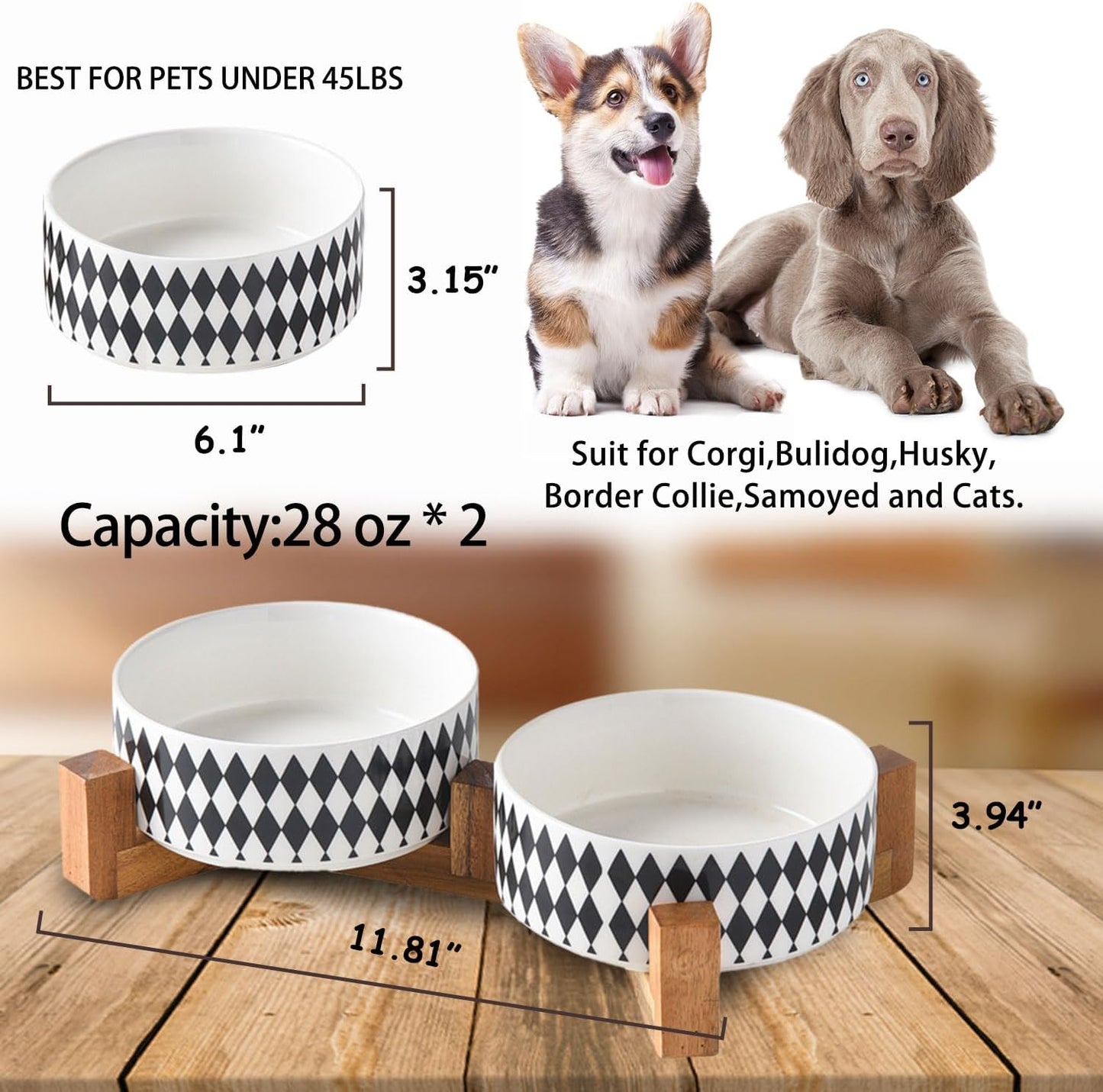 Petygooing Ceramic Dog Cat Bowl Set with Stand, Pet Food and Water Dishes,Small Dog Bowls Anti-Slip Set of 2 Cat Bowls-Pet Food Bowl- Pet Dish Small Medium Size Pet (28OZ/6.1 in) Black Rhombus