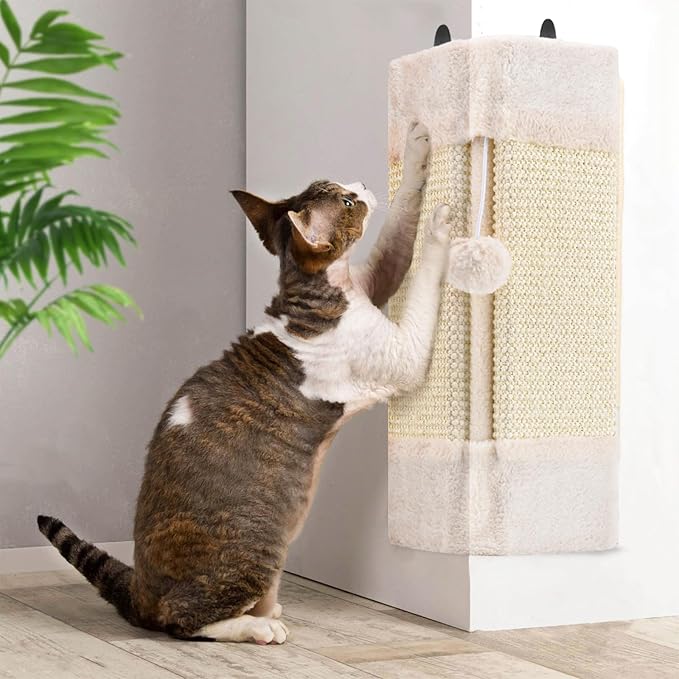 Wall Corner Cat Scratcher for Indoor Cats- Wall Mounted Sisal Scratching Pad with Hanging Ball - Vertical Corner Wall Mount Scratch Panel, Protector for Wall Corner