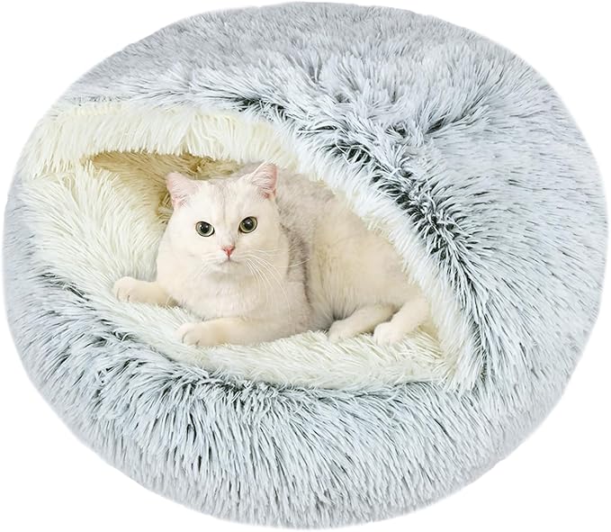 Round Plush Hooded Cat Bed, Fluffy Cozy Anti-Anxiety Dog Cave Beds for Puppy and Kitten, Gifts for Pet Lovers(20×20 inch, Grey)