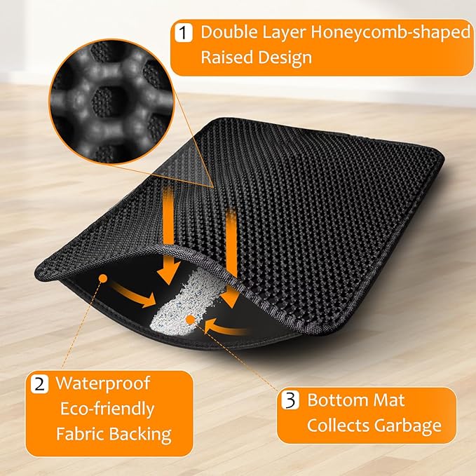 24"x36" Cat Litter Mat, EVA & Fabric Double Layer Design Waterproof Bottom Cat Litter Mat, Anti-slip Litter Box Mat, Easy To Catch Pet Litter, Easier To Clean, Washable, Soft on Paws, Black