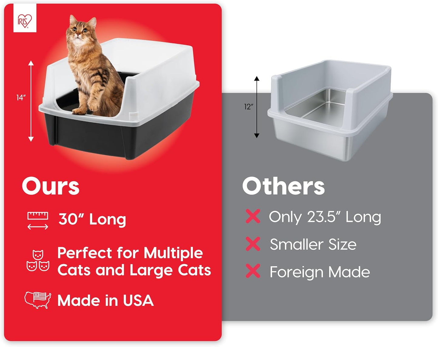 IRIS USA XX-Large Cat Litter Box, Open Top Extra Large Litter Box for Big Cats and Multi-Cat Households, High Sided Scatter Shield, Easy to Clean, 30" L x 20" W x 14" H, Black