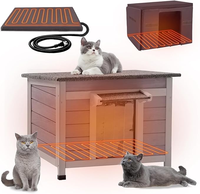 GUTINNEEN Heated Cat House Outdoor Insulated Cat House for Outside Weatherproof Feral Cat Shelter with Heated Pad, Insulated Thermal Liner, Chewproof Cable for Cats (Winter-Ready)