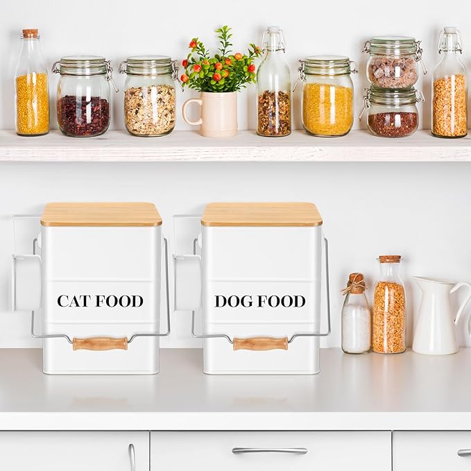 Tioncy 2 Pcs Metal Dog and Cat Food Storage Containers Big Pet Food Containers with Bamboo Lids and Spoon Airtight 5-7 Lbs Dog Cat Treat Snack Jars with DIY Labels for Kitchen Counter(White)