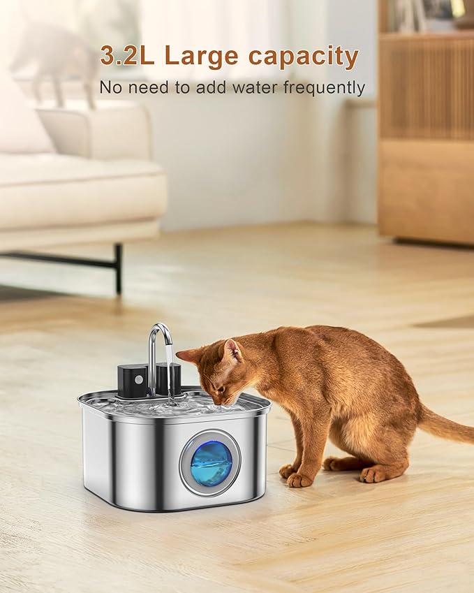 Stainless Steel Cat Water Fountain,108 oz/3.2 L Automatic Wireless Pet Water Fountain,Battery Operated Wireless Cat Fountain