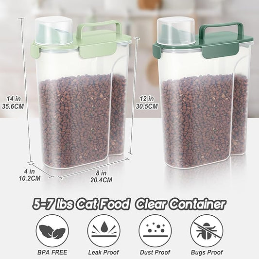 Dog Food Storage Container, Upgraded Large Nozzle BPA-free, 8-12 LBS Plastic Pet Food Storage Containers, With 4 Sealed Clasps, 1 Measuring Cup and Handle (2, Green+Dark Green, 5L)
