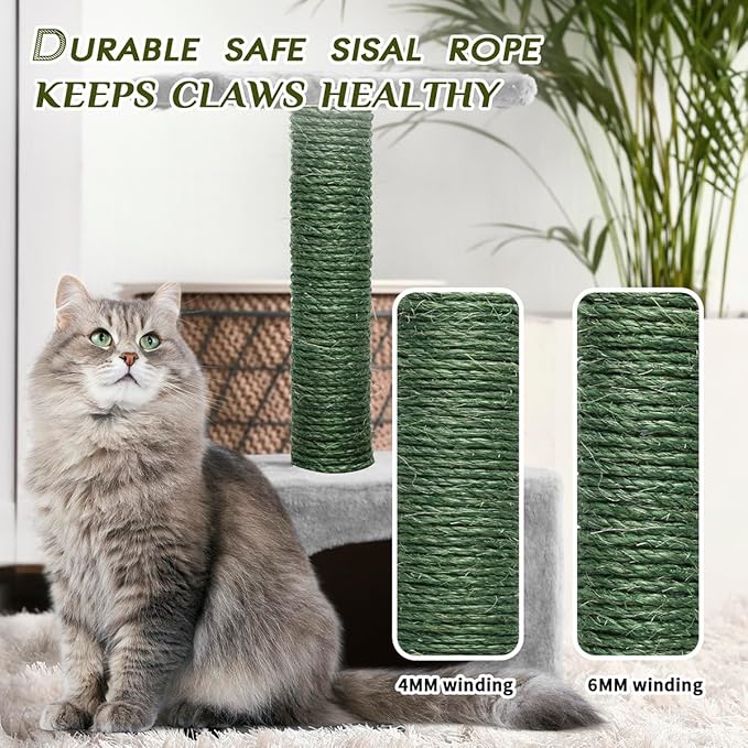 Green Sisal Rope, 1/4 Inch, 32-Feet, for Cat Scratching Post, DIY Hemp Twine, 6mm, 10m