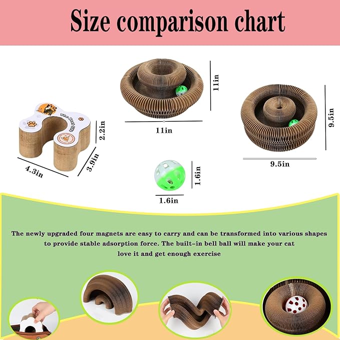 Kitty Curls Cat Toy Set, Magic Accordion Interactive Scratching Board with Bell Ball, Claw-Grinding Cat Scratching Board, Recyclable and Durable