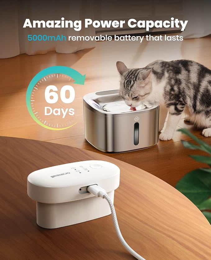 oneisall Wireless Cat Water Fountain, 3.5L/118oz Battery Operated Pet Drinking Fountain Stainless Steel, Running Water Dispenser Fountains for Cats, Cordless&Rechargeable with Motion Sensor(Hale 3.5L)