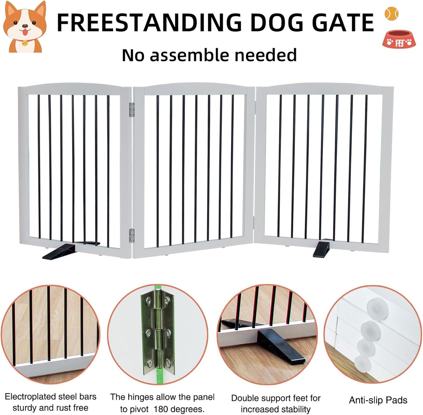 ZJSF Freestanding Panel Dog Gate for Indoor, Doorways,Stairs, or Hallways,Foldable Wooden White Dog Gates for House,Pet Gate for Dogs,Dog Fence, Puppy Gate,Support Feet Included,32 "Height-3 Panels