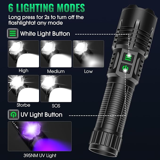 AdamStar UV&High Lumens Flashlight Rechargeable, 2-in-1 Powerful Blacklight LED Flashlight Tactical 6 Modes Super Bright Waterproof Zoomable Detector for Pet Urine Curing Resin Camping Emergencies