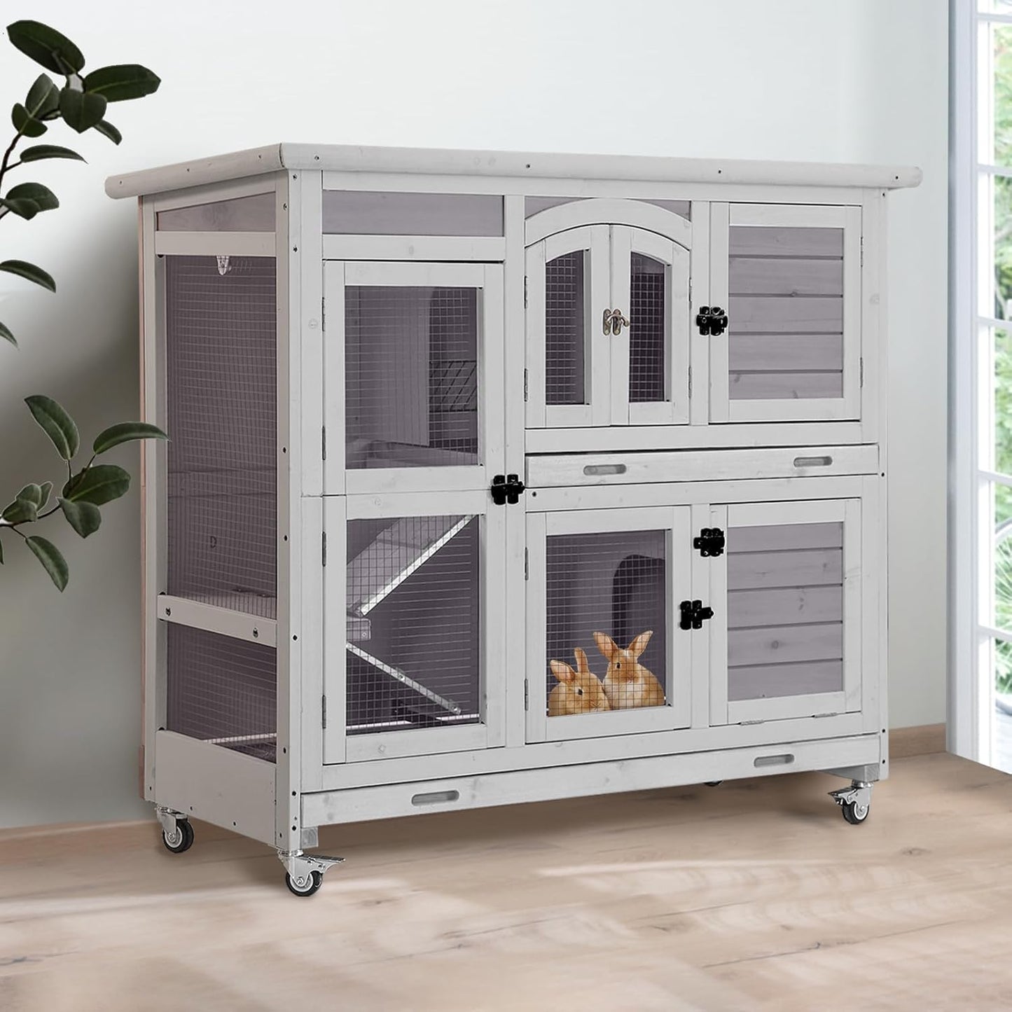 GUTINNEEN Large Rabbit Hutch Indoor with Chew-Proof Ramp, 47" Wooden Bunny Cage Guinea Pig Cages with Casters, Leak-Resistant Trays for Rabbits, Guinea Pigs, Small Animals