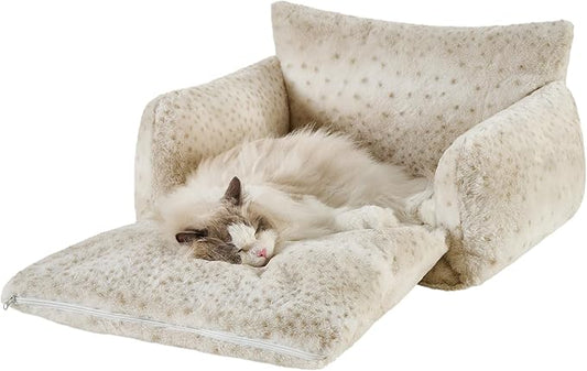 Hollypet Cat Bed Fluffy Plush Mutifuctional Double-Layer Soft Pet Couch Orthopedic Sofa Nest Beds for Small Cats and Dogs, Leopard (25x20x13 inch)