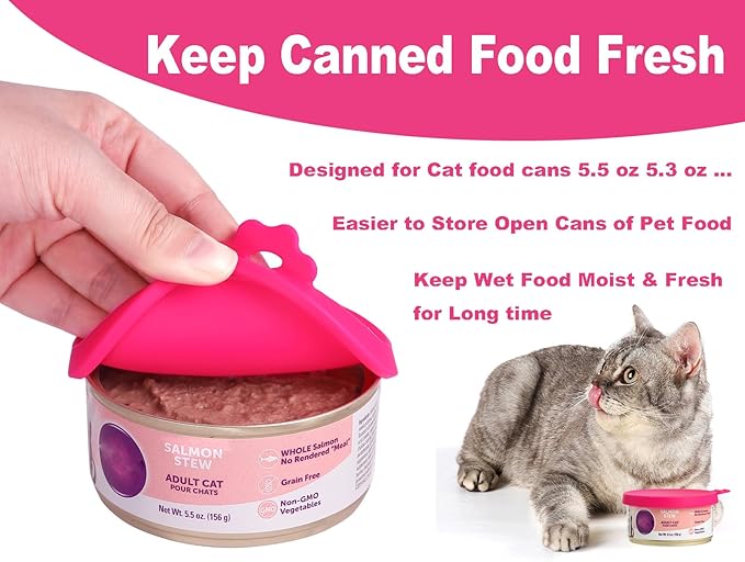 COMTIM Cat Food Can Covers Lids for 5.5 oz Cans, 2 Pack Silicone Cat Food Can Lids for 5.5 oz 5.3 oz Cans...Pet Food Can Covers Reusable Can Toppers Savers for Wet Food (Hot Pink)