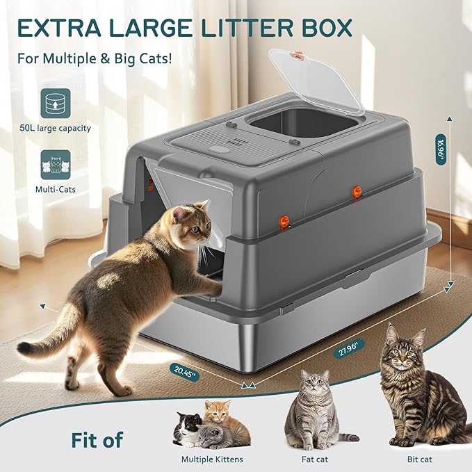 Stainless Steel Litter Box with Lid, 28" XXXL Large Cat Litter Box Enclosure for Multiple Cats, Odor Control with Carbon Filters, Anti-Leak High Sided, Includes Removable Lid & Scoop, Dark Gray