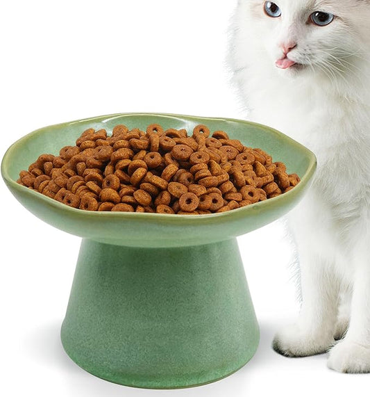 VCEPJH Raised Cat Food Bowls Shallow Cat Plate Ceramic Elevated Cats Dish 6.1in Flat Anti Whisker Fatigue Wide Pet Food & Water Feeder for Indoor Kitty Kitten (Green)