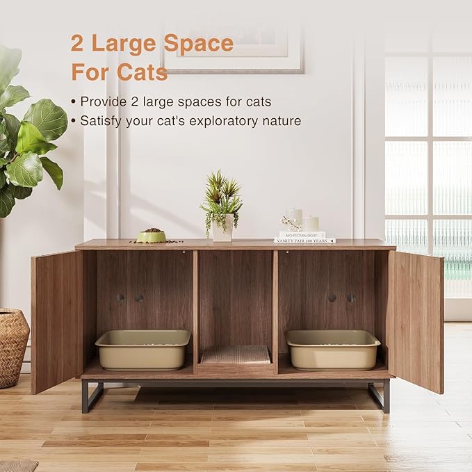 Cat Litter Box Enclosure for 2 Cats, 47.6’’ Litter Box Furniture Hidden with Scratch Pad, Double Room Large Cat Cabinet, Indoor Pet House TV Stand Side Table,Cats Washroom, Brown