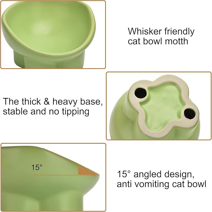Ceramic Raised Cat Bowl,Elevated Tilted Anti Vomit Cat Bowls for Indoor Cats Whisker Friendly Pet Feeder for Food and Water,Cute Tilted Dish for Flat Faced Cats,Puppies