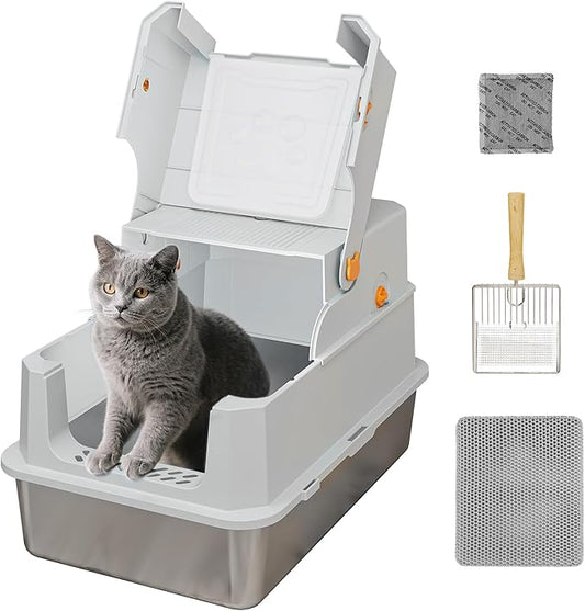 TENTIZON Stainless Steel Cat Litter Box with Lid, XL Large Covered Litter Box with Litter Mat, Metal Scoop, Enclosed Metal Litterbox for Kitten, Big Cats Up to 24lbs, 23.1" L x 14.8" W x 15.2" H