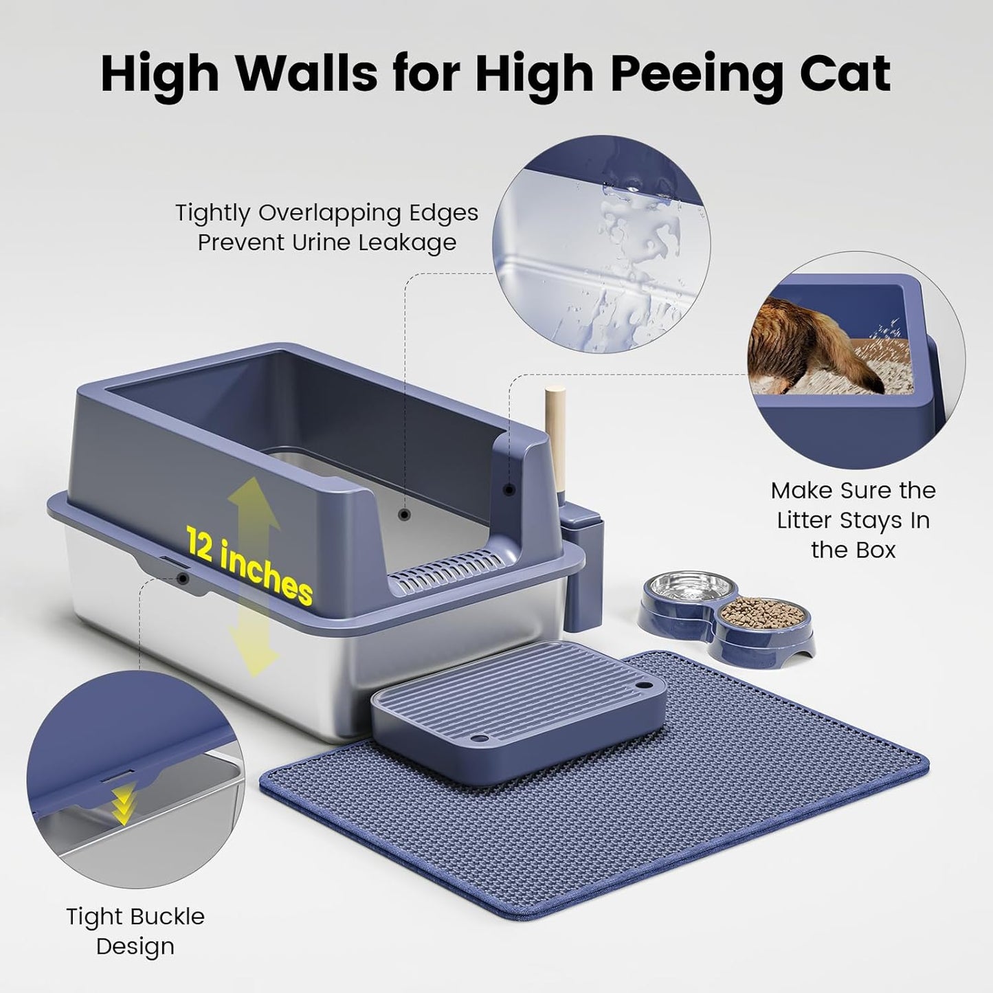 Stainless Steel Cat Litter Box - Enclosed XL Metal Kitty Litter Box with Lid for Big Cats, High Sided, Anti-Leakage, Easy Cleaning, Non-Sticky, Included Litter Mat, Cat Bowl & Spoon