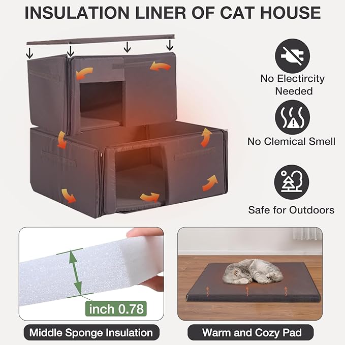 Insulated Cat House Outdoor, Weatherproof Kitten Home with Large Balcony and Funny Stairs, Wooden Feral Cat Shelter with Two Rooms