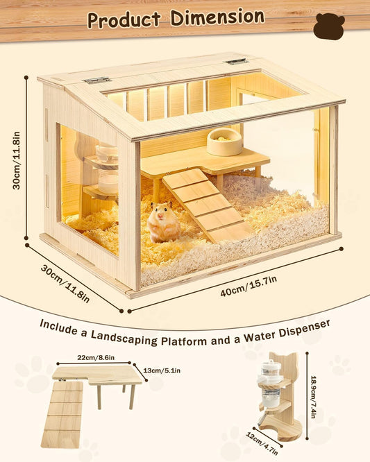 Small Wooden Hamster Cage for Dwarf Hamsters, 15.8" Portable Habitat with Acrylic Panels & Openable Top, Includes Water Bottle & Platform for Robo, Winter White Hamsters & Campbell’s Dwarf Hamsters