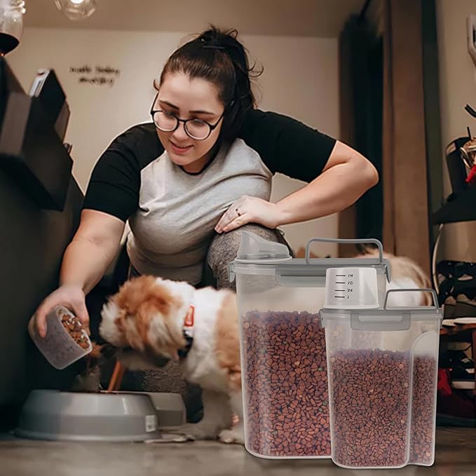 Cat Dog Food Storage Container, Upgraded Large Nozzle BPA-free, 3&5lbs Plastic Pet Food Storage Containers, With 4 Sealed Clasps, 1 Measuring Cup and Handle, Easy to Clean and Carry -Clear Grey 2Pack