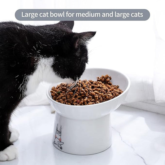 OMAYKEY 6.5 Inch Extra Wide Ceramic Raised Cat Bowl Set, Tilted Elevated Cat Bowls for Food and Water, Prevent Whisker Fatigue, Stress Free, Less Vomiting, Protect Spine, White & Grey