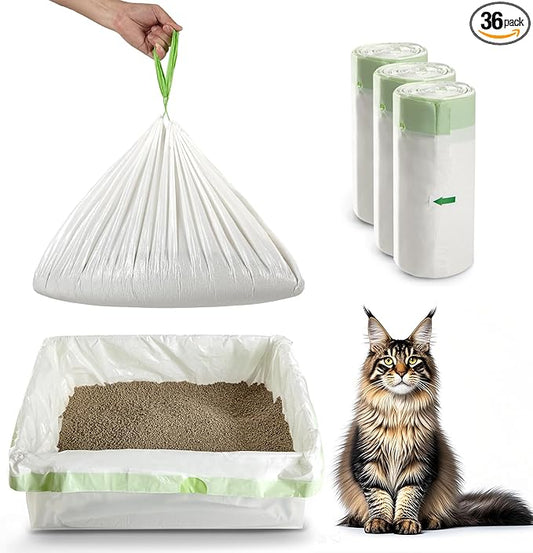 Cat Litter Box Liners Disposal Bags 36 Count, with Tie Handles,Large,37" x 17" Jumbo Drawstring Extra Durable Pet Cat Pan Liners for litter box Extra-Thick Kitty Litter Box Bag