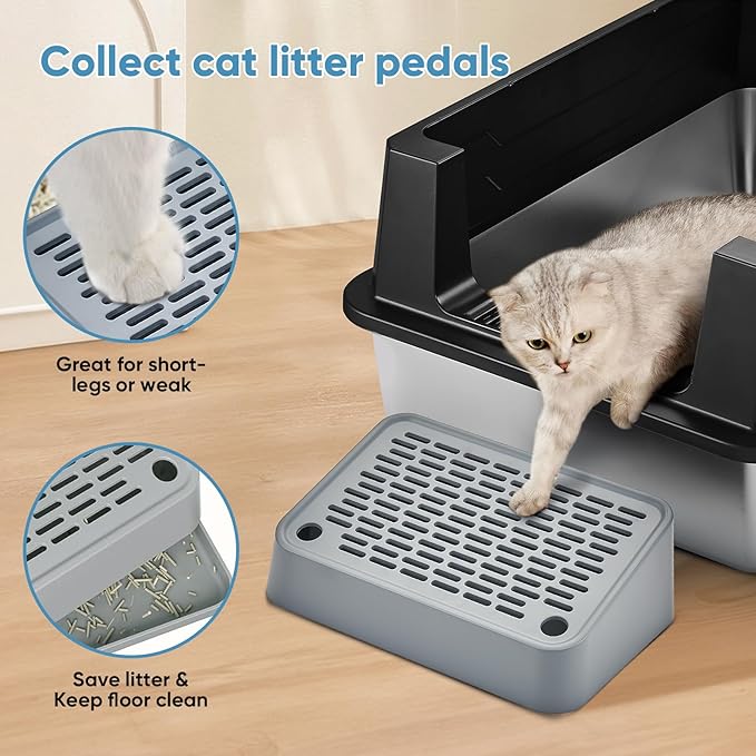 XXXL Extra Large Cat Litter Box,Stainless Steel Litter Box,Metal Litter Boxs with Hight Sides,with Pedal &Garbage Shovel,for Big Cats &Multiple Cats, Anti-Urine Leakage,Non-Stick,Easy Clean,Black.