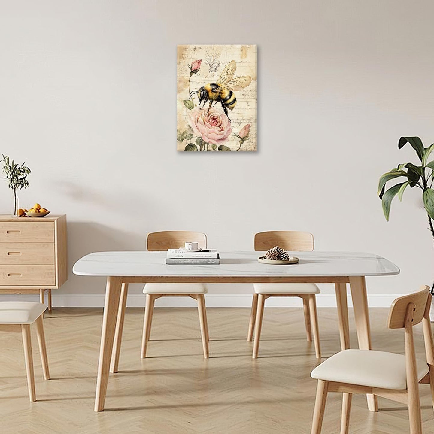 Rustic Bee Bathroom Pictures Wall Art, Vintage Floral Bathroom Wall Decor, Pink Rose Flower Framed Painting Canvas Artwork for Bedroom Living Room Decorations 16"L x 12"W