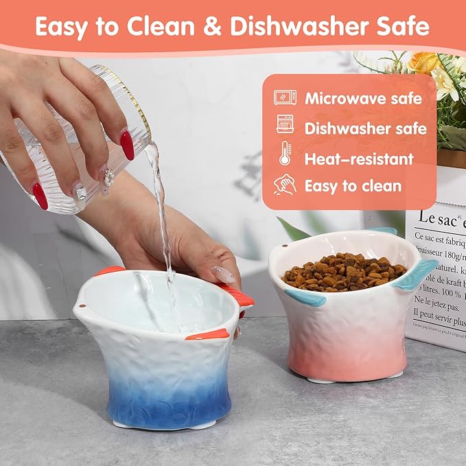 2 Pcs Raised Tilted Ceramic Cat Food Bowl, Cute Elevated Slanted Shallow Shallow Angled Fish Shape Cat Bowl, Non Slip Cats Feeding Bowls for Anti-Vomiting and Whisker Fatigue (Blue, Pink)