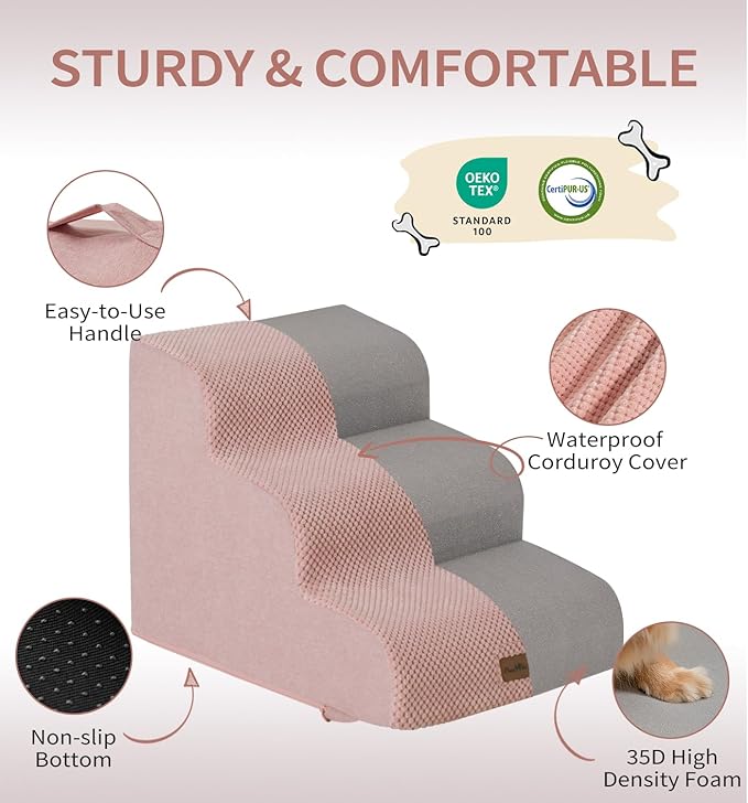 Made4Pets Dog Stairs Ramp for Small Dogs, 3-Step Dog Steps for Bed Couch Sofa and Chair, 35D Foam Pet Steps for Small Dogs and Cats, Non-Slip Bottom Pet Stairs, Pink