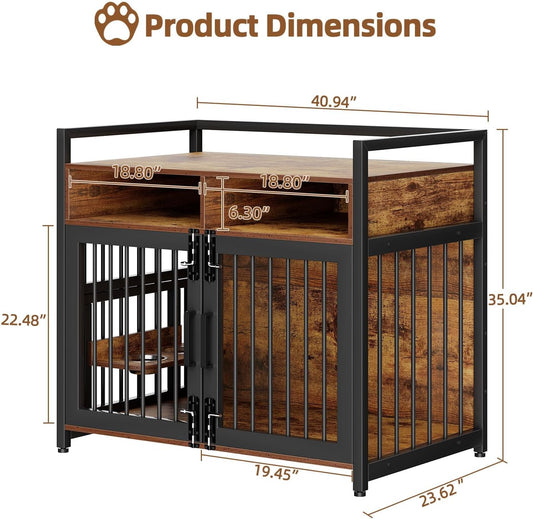 Large Dog Crate Furniture, 41 Inch Wooden Dog Crate, Heavy Duty Dogs Kennel with 2 Drawers Storage, 360° Adjustable Raised Feeder, Indoor Dogs House End Table