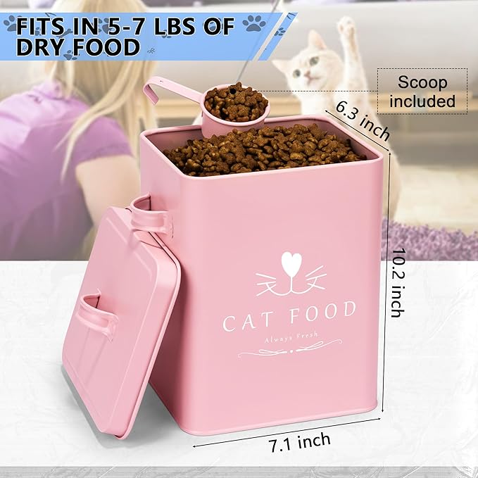 Meraki Home Cat Food Container and Treat Container - Tight Lids - Feed Scoop and Pet Food Bowl - Farmhouse Metal Storage Bin - Great Gift for Small Pets - Matte Pink