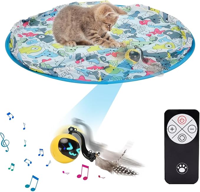 Interactive Cat Toy Ball in Pouch,Simulated Hunting Remote Control Cat Toy,Automatic Ball Fast Rolling in Play Mat, Motion Activated Chirping Hide and Seek Mouse Chasing Game Kitten Toy