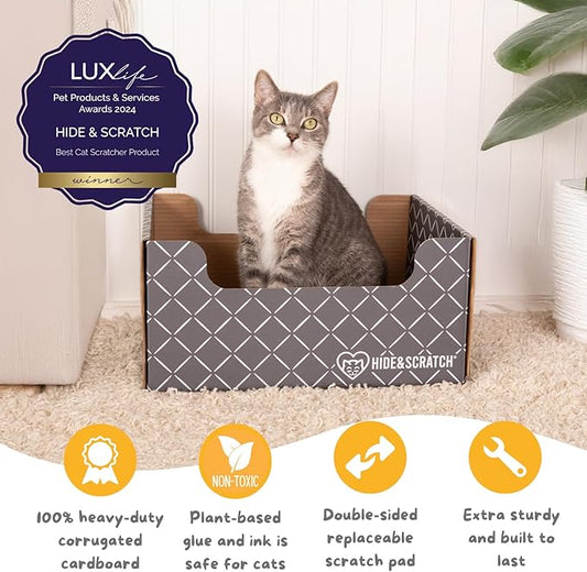 HIDE & SCRATCH Cat Scratcher Box and Cat Bed with Refillable Double-Sided Cardboard Scratch Pad for Indoor Cats