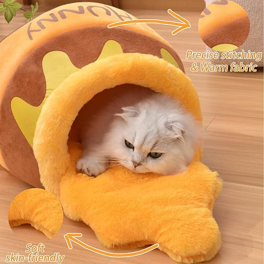 Honey Pot Cat Cave Bed, Soft and Thick Rebound Sponge Pet Nest with Removable & Washable Cushion, Cute Cartoon Design for Small Cats and Breeds
