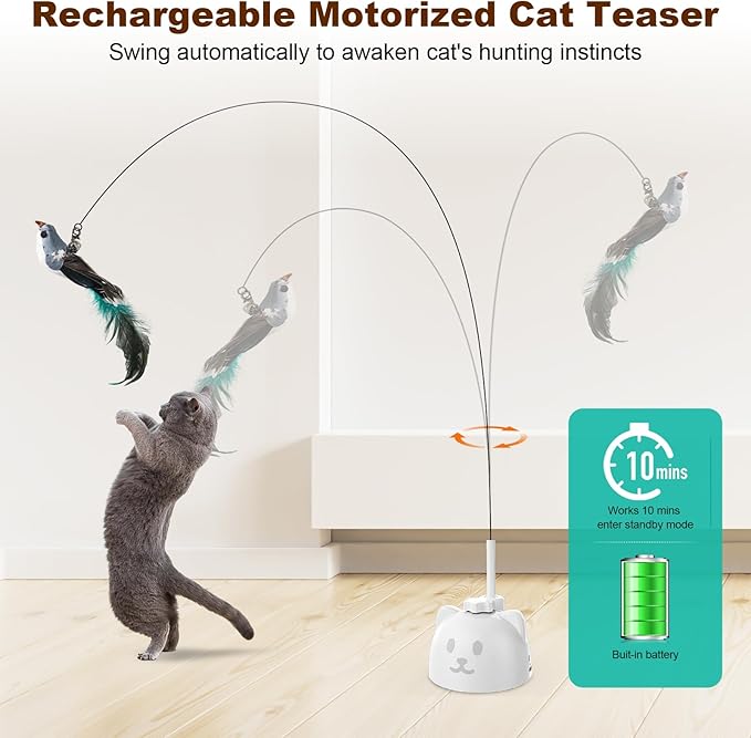 Cat Toys Feather Wand Enhanced Suction Cup Interactive Cat Toy Auto-Swing Cat Wand Toy with 3PCS Replacement Teaser Refills with Bell Bird/Ribbon/Worm