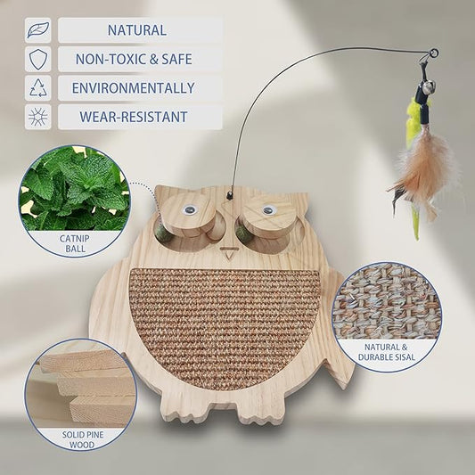 Petest Interactive Cat Toy Natural Sisal Cat Scratcher Toy with Catnip Balls, Owl Design