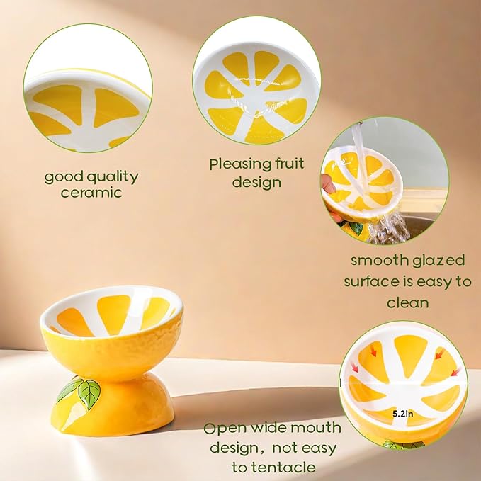 Hamiledyi Ceramic Raised Cat Bowl 5In Elevated Wide Cat Bowl for Food and Water Anti Vomiting Tilted Pet Feeder Dish for Indoor Cats and Small Dogs(Lemon)