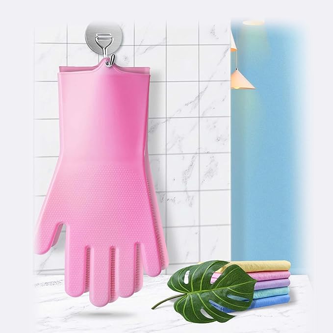 Pet Grooming Gloves，Heat-Resistant Silicone Gloves with High-Density Teeth for Enhanced Massaging and Bathing of Dogs and Cats (Pink, 2 Pair)